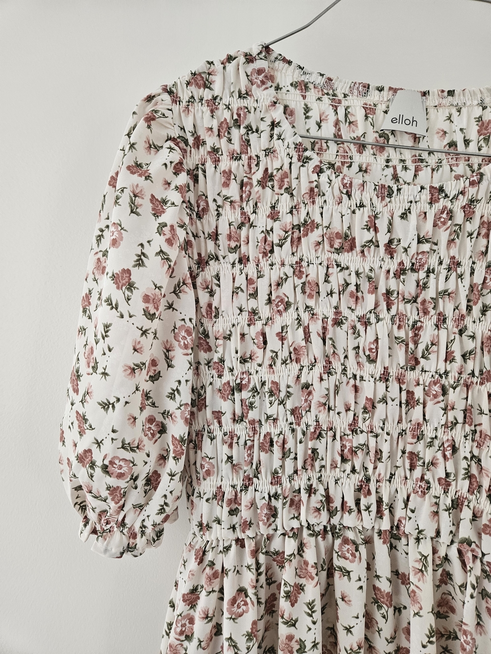 Elloh Floral Smocked White & Pink Midi Dress Whimsy Ditsy Feminine Cottagecore